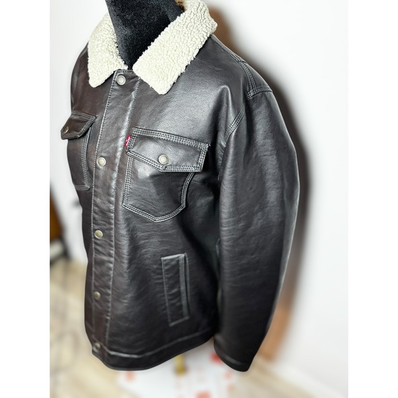 Levi Strauss Co Mens Faux Leather Sherpa Lined Trucker Jacket Dark Brown Size M - Picture 8 of 16